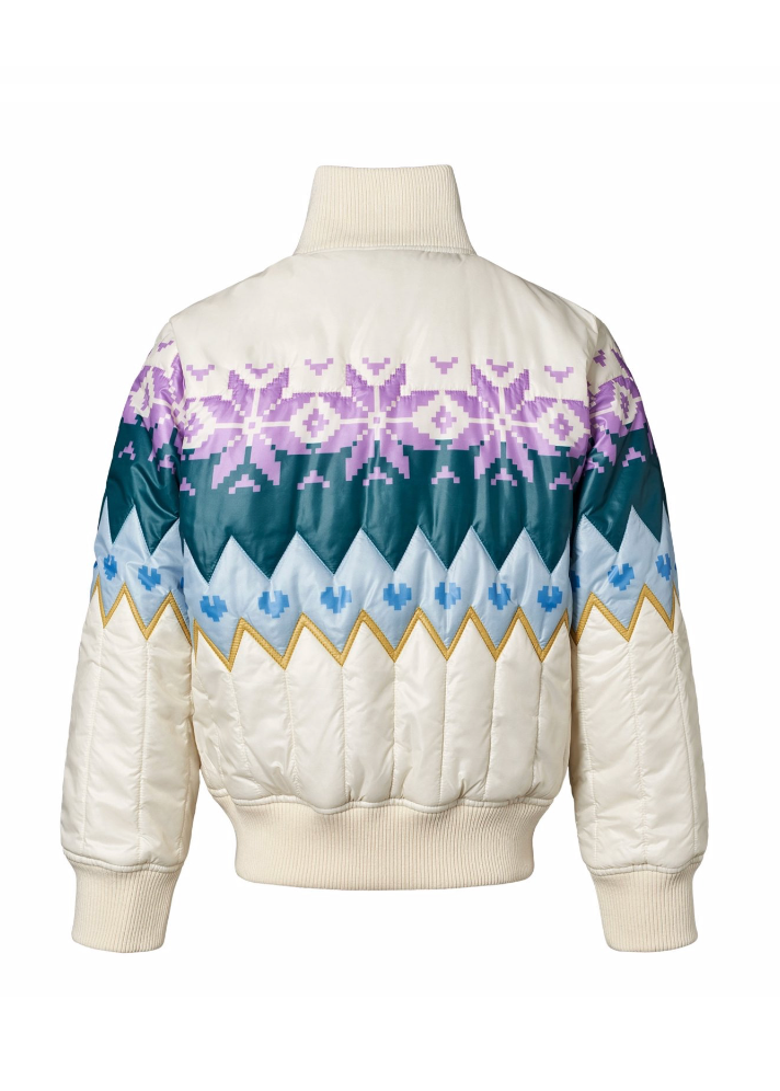 White quilted jacket with colorful snowflake pattern on a white background