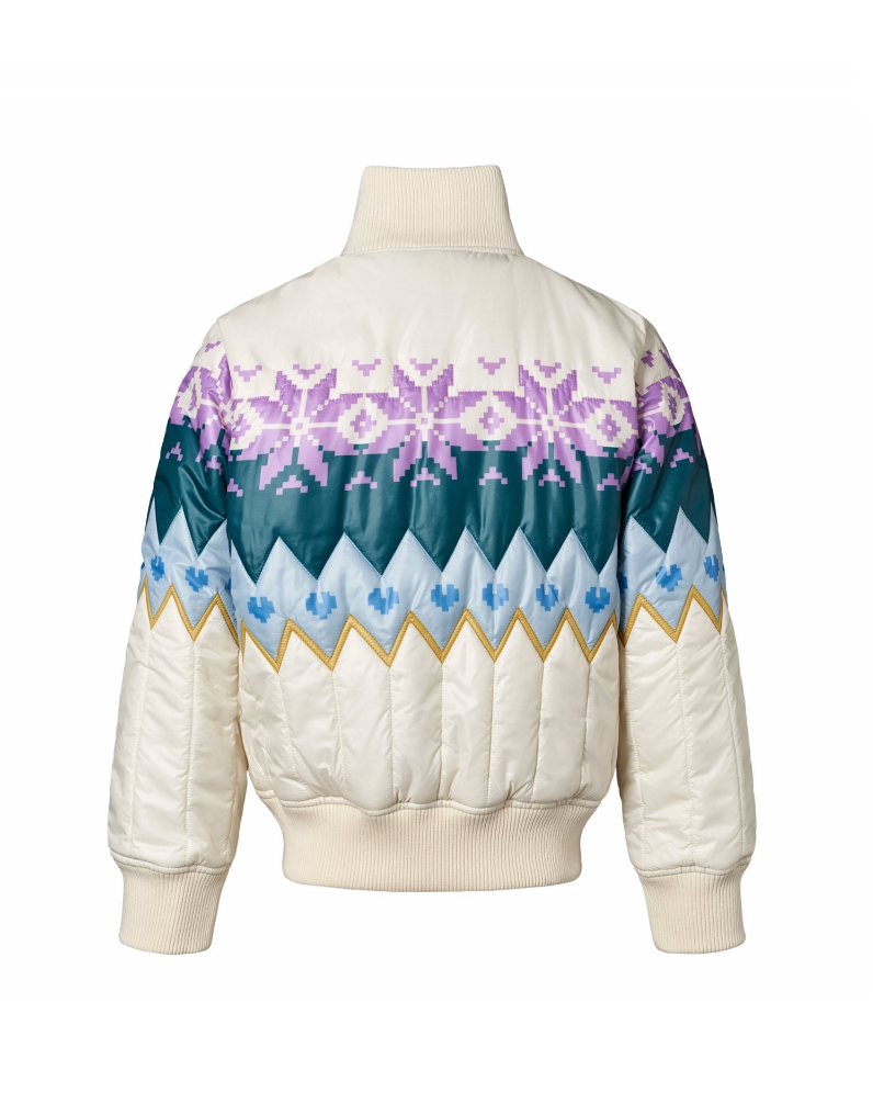 White quilted jacket with colorful snowflake pattern on a white background