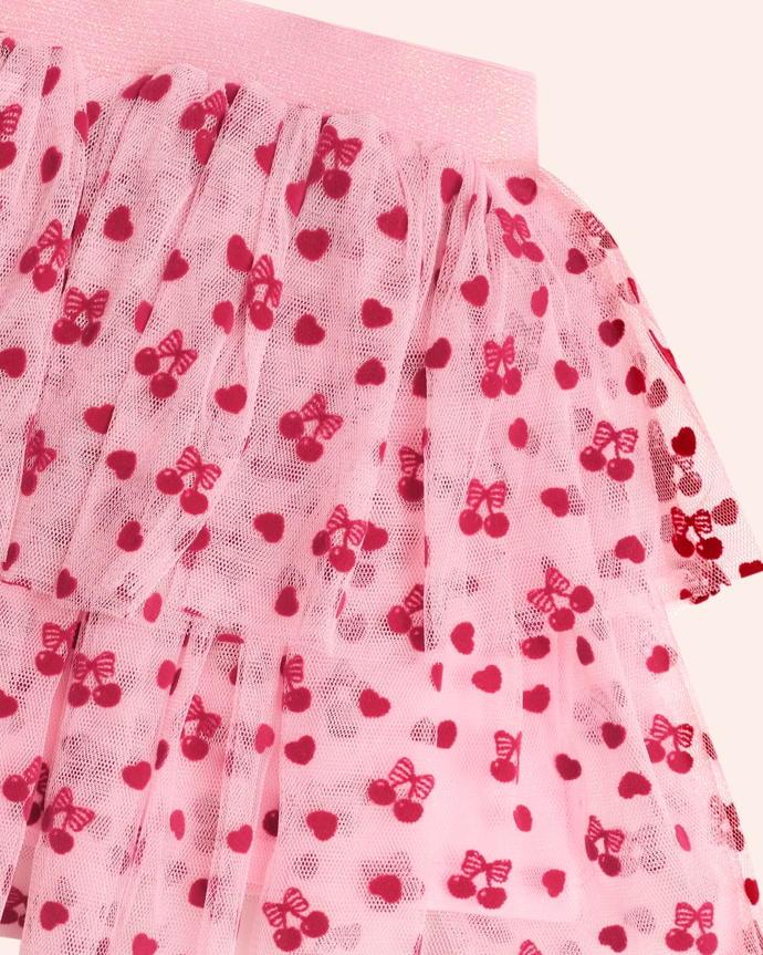 Pink tulle skirt with red heart and bow pattern