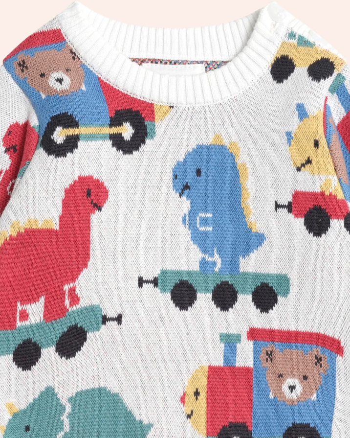 Children's sweater with colorful animal-themed patterns on a white background