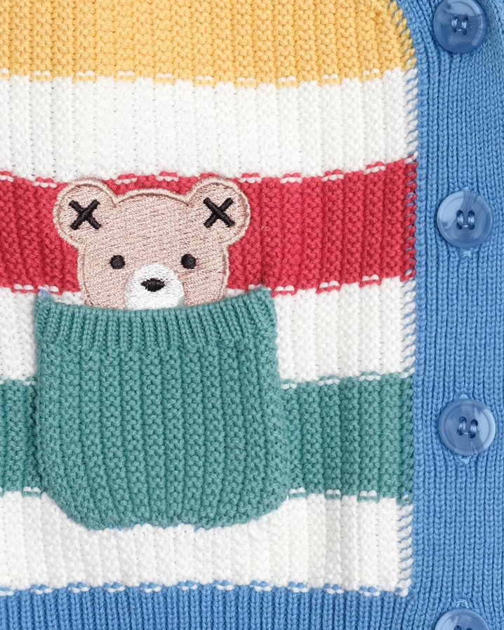 Striped baby cardigan with a teddy bear design in the pocket.