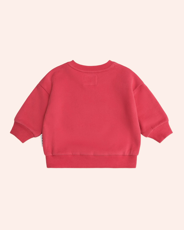 Red sweatshirt on a light pink background