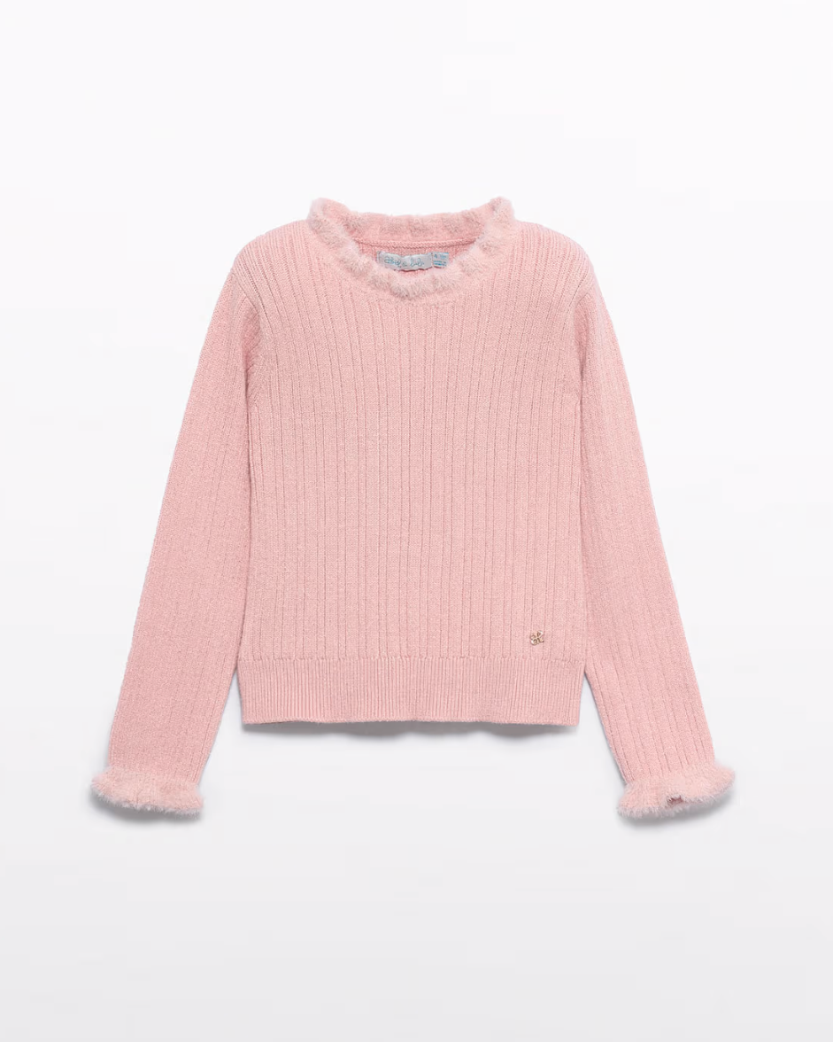 Pink ribbed sweater on a light gray background