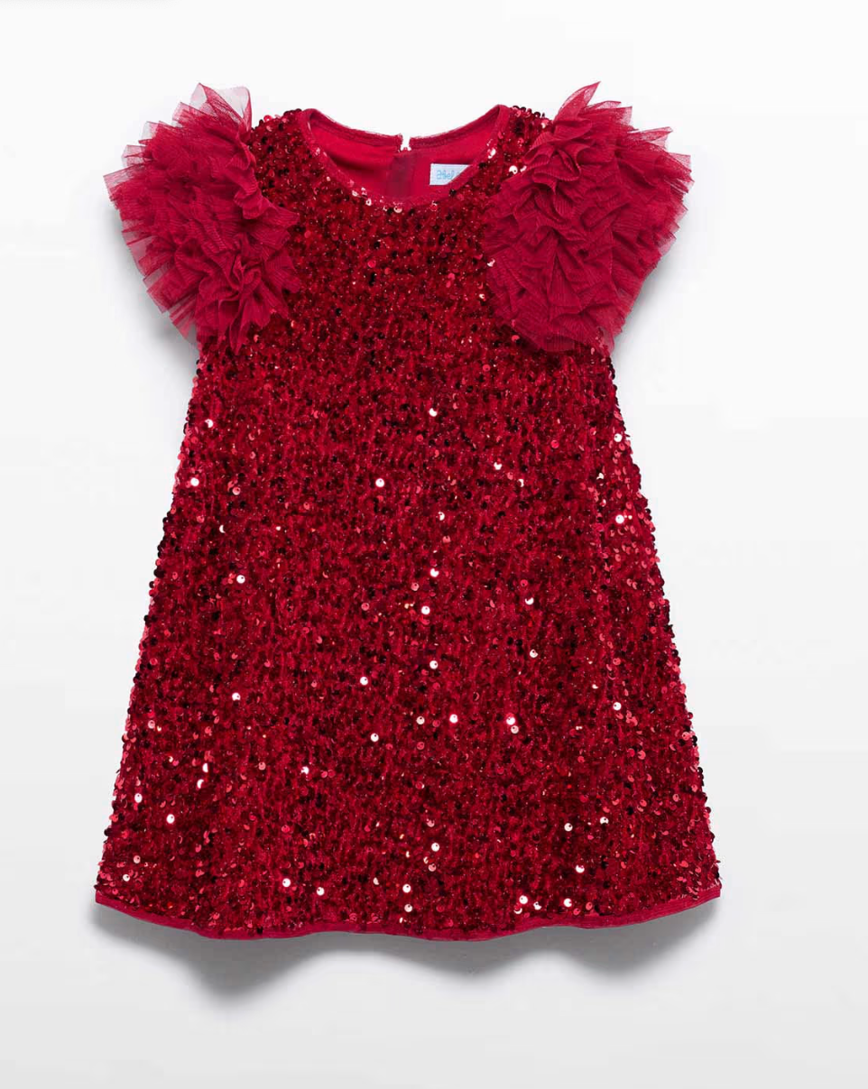 Red sequin dress with ruffled sleeves on a white background