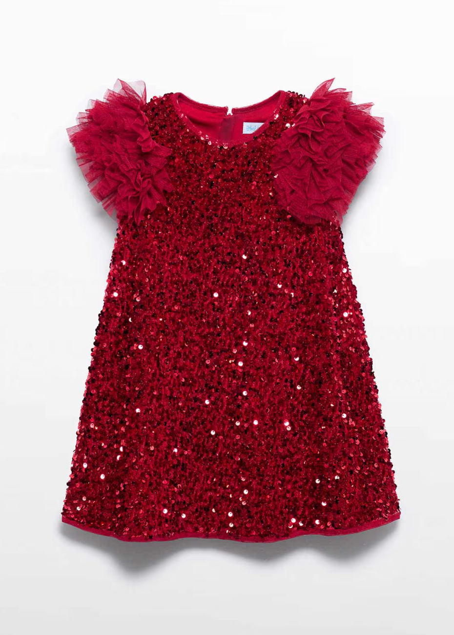 Red sequin dress with floral details on a white background