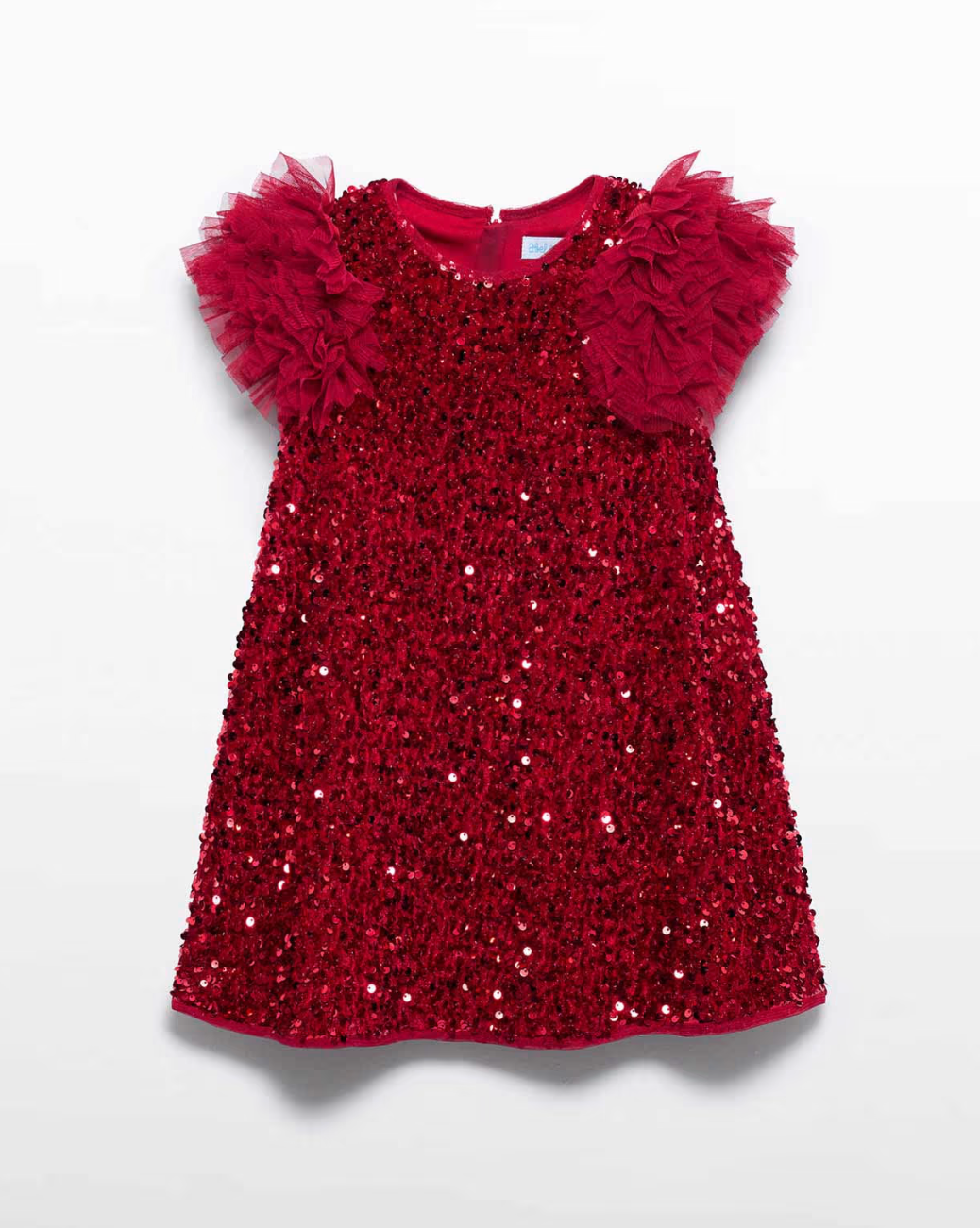 Red sequin dress with floral details on a white background