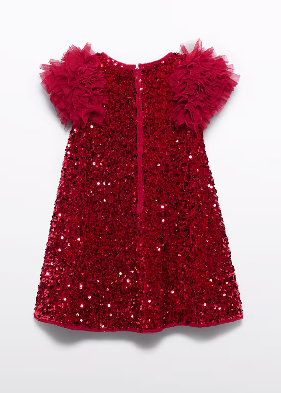 Red sequin dress with feather details on a white background