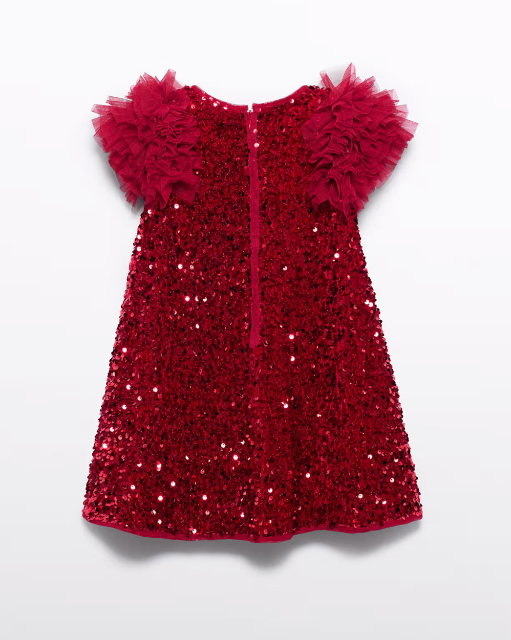 Red sequin dress with feather details on a white background