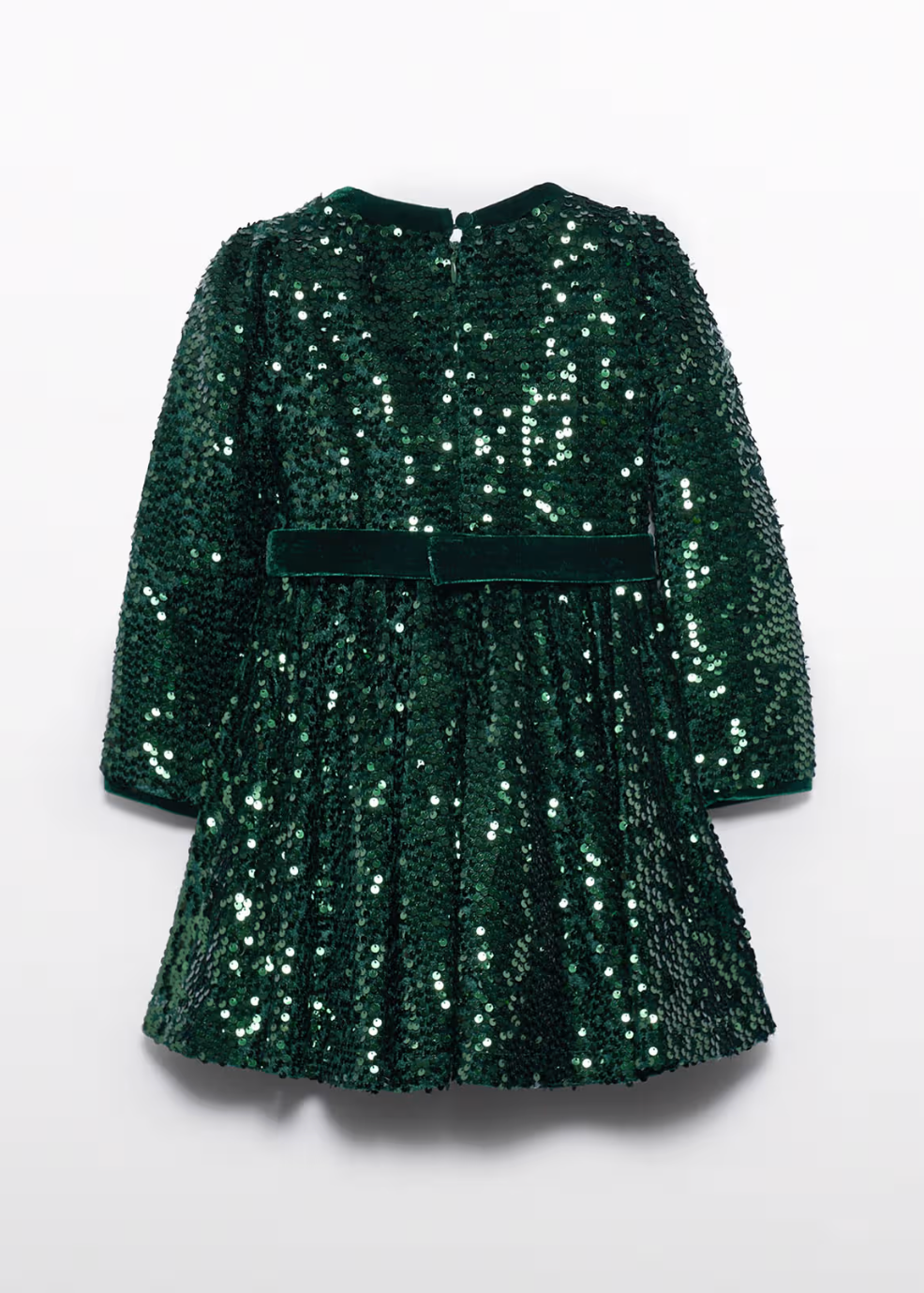 Green sequin dress with a belt on a white background