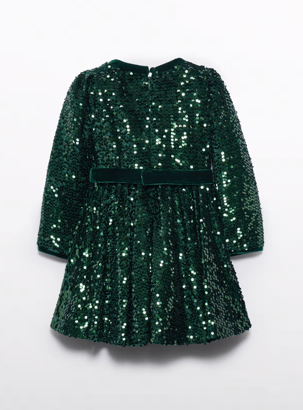 Green sequin dress with a belt on a white background
