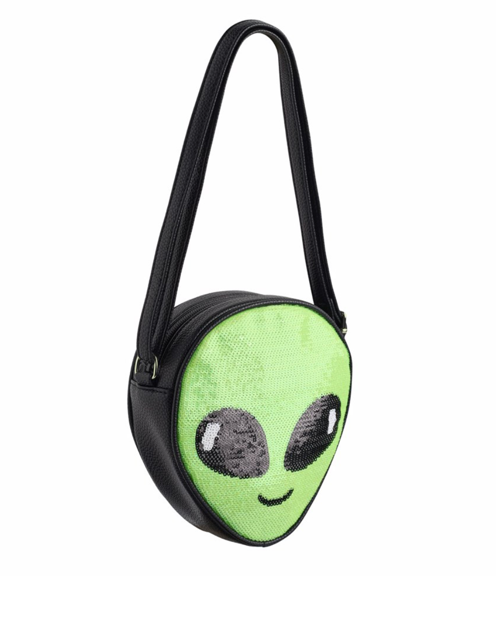 Green alien face crossbody bag on a white background