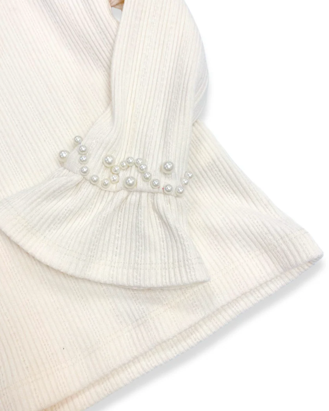 White ribbed knit scarf with pearl embellishments on a white background
