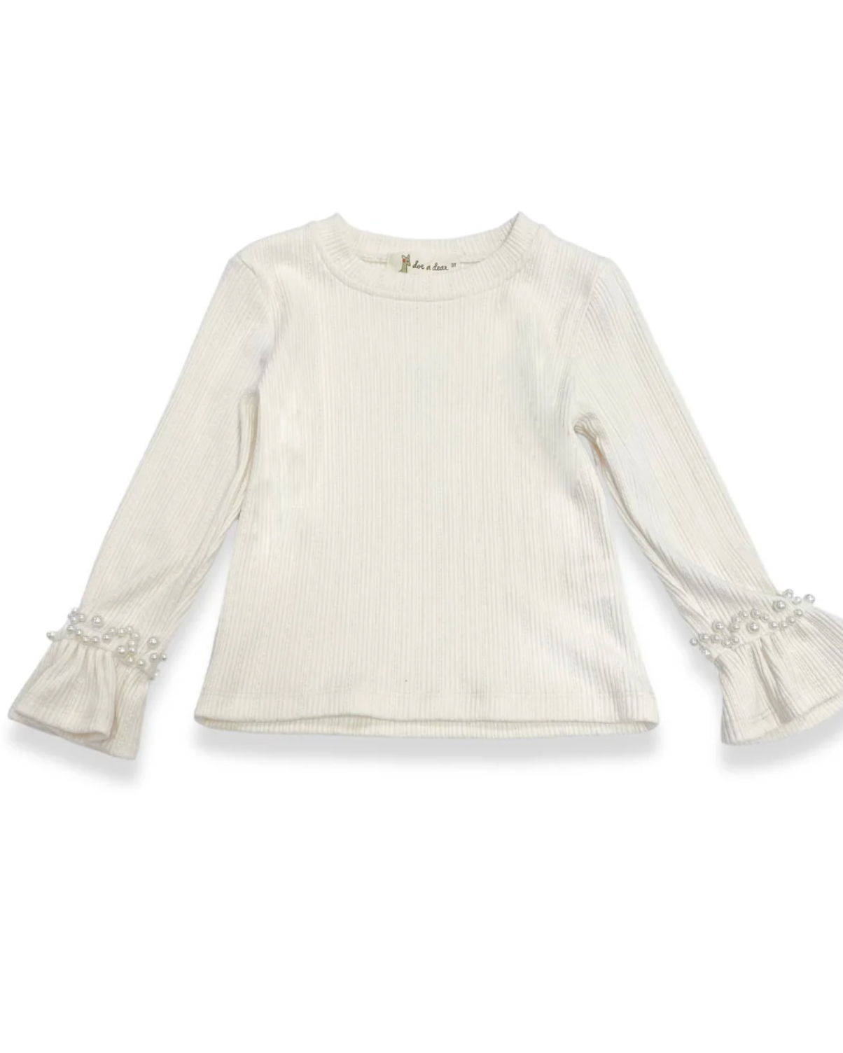 White long-sleeve top with ruffled cuffs on a white background
