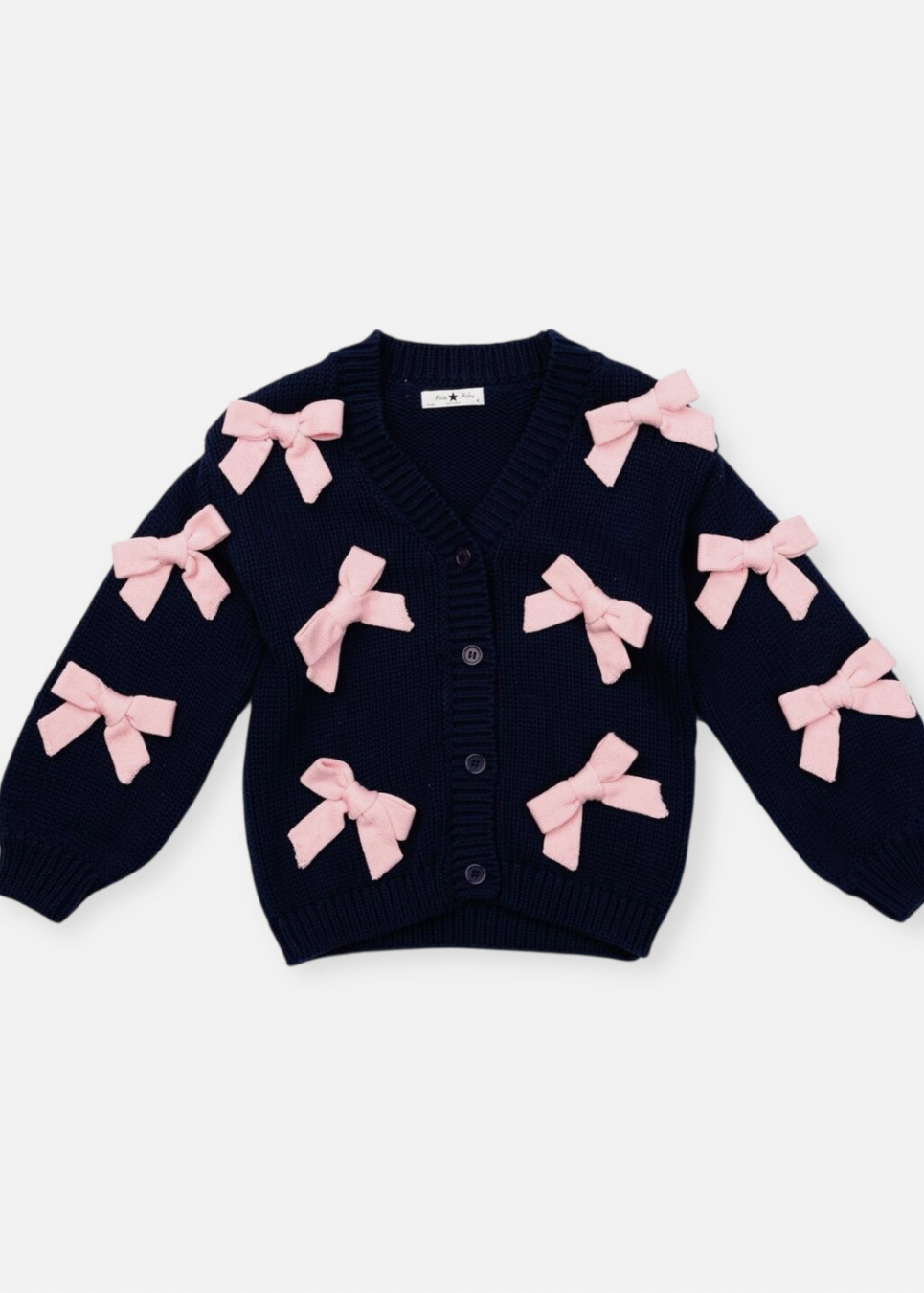 Navy blue cardigan with pink bows on a white background