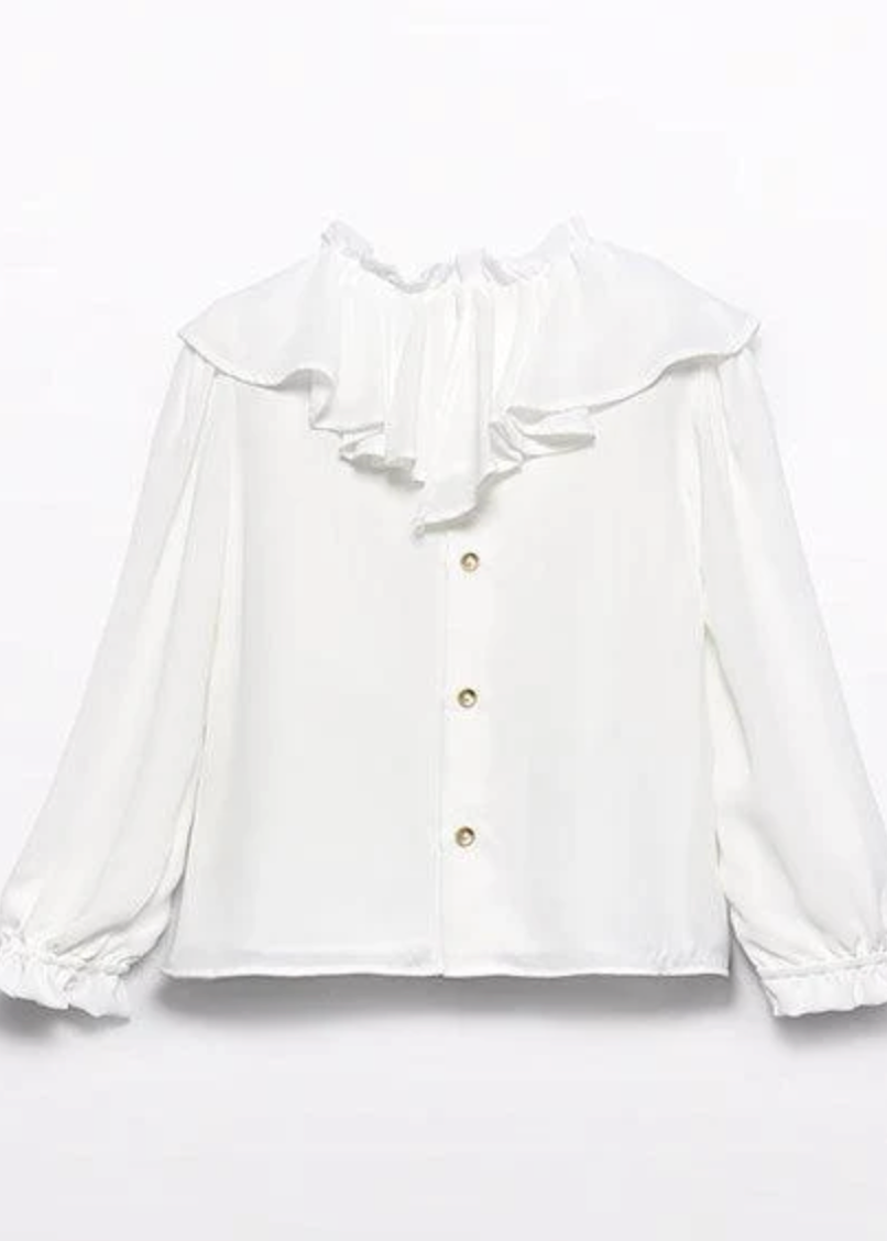 White blouse with ruffled details on a light gray background
