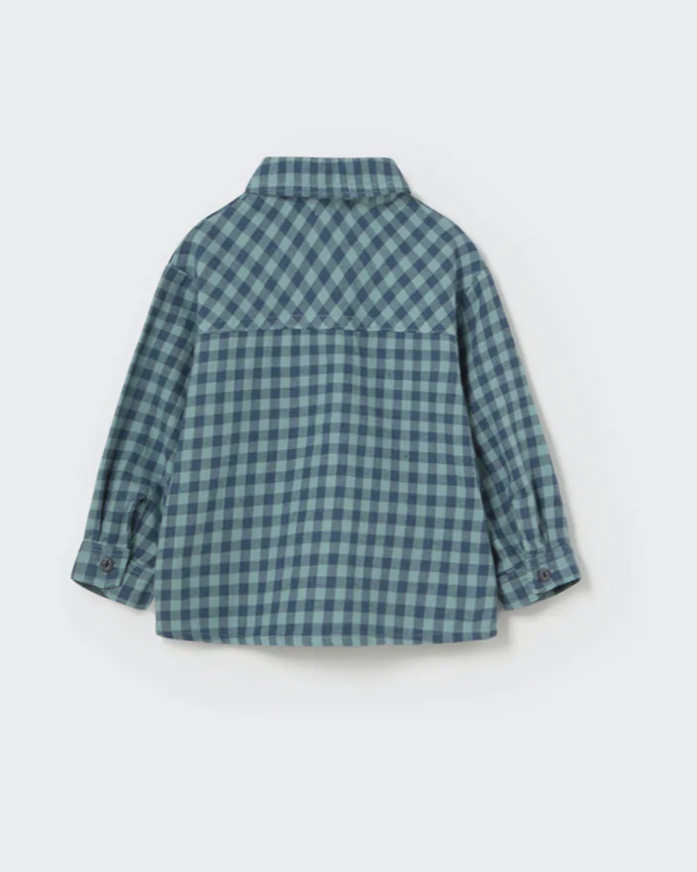Blue and white checkered shirt on a light gray background