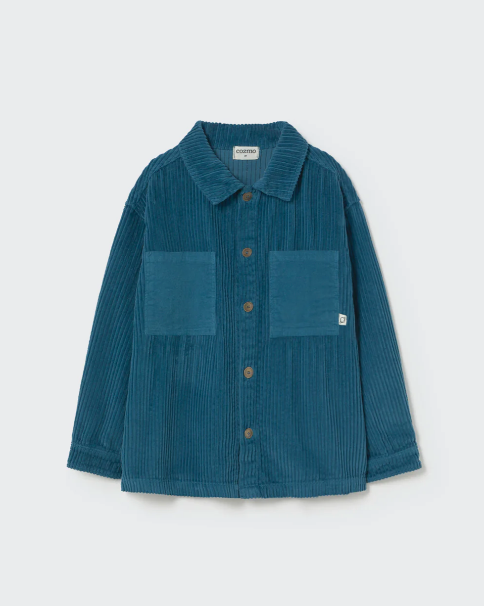 Blue corduroy shirt with button details on a light gray background