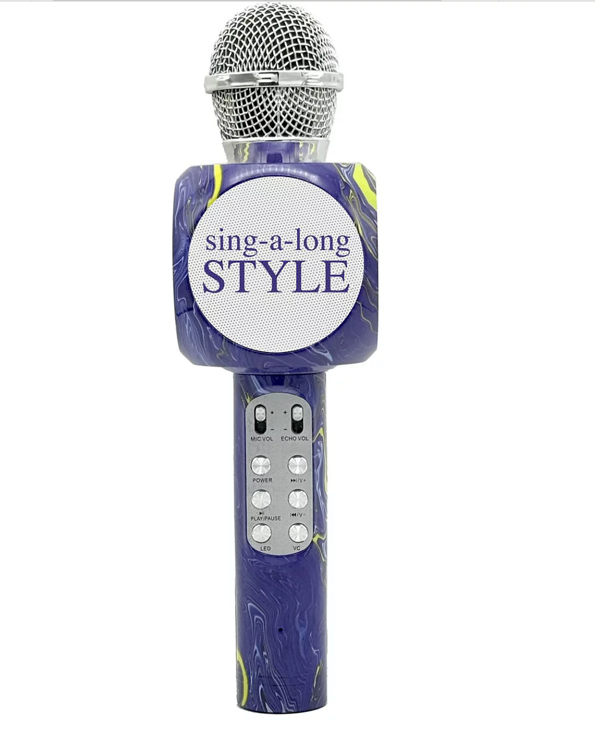 Purple microphone with 'sing-a-long STYLE' text on a white background
