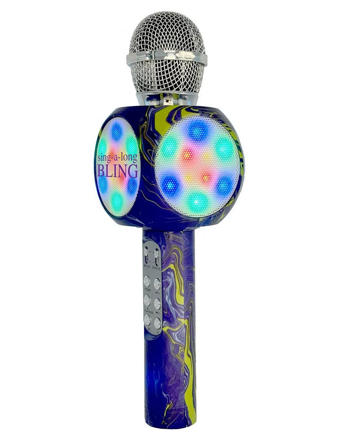 Colorful microphone with LED lights on a white background