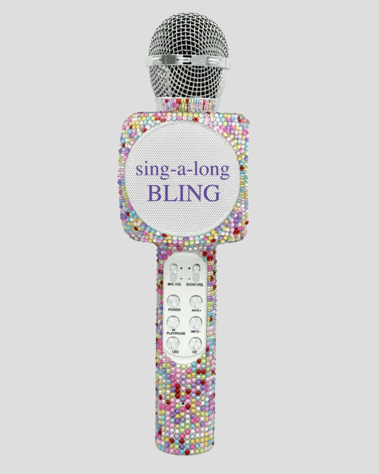 Blingy microphone with 'sing-a-long BLING' text on a light gray background