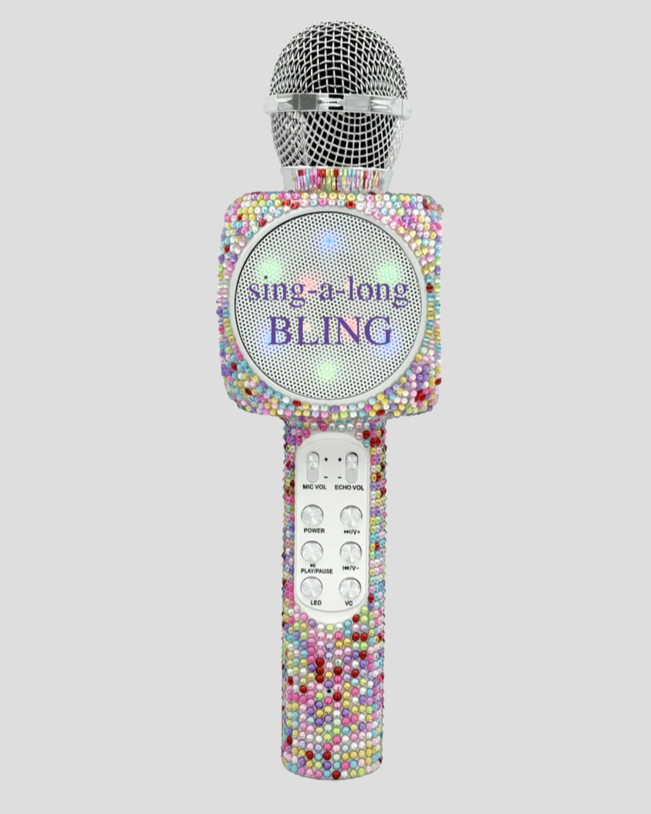 Decorative microphone with 'sing-a-long BLING' text on a light gray background