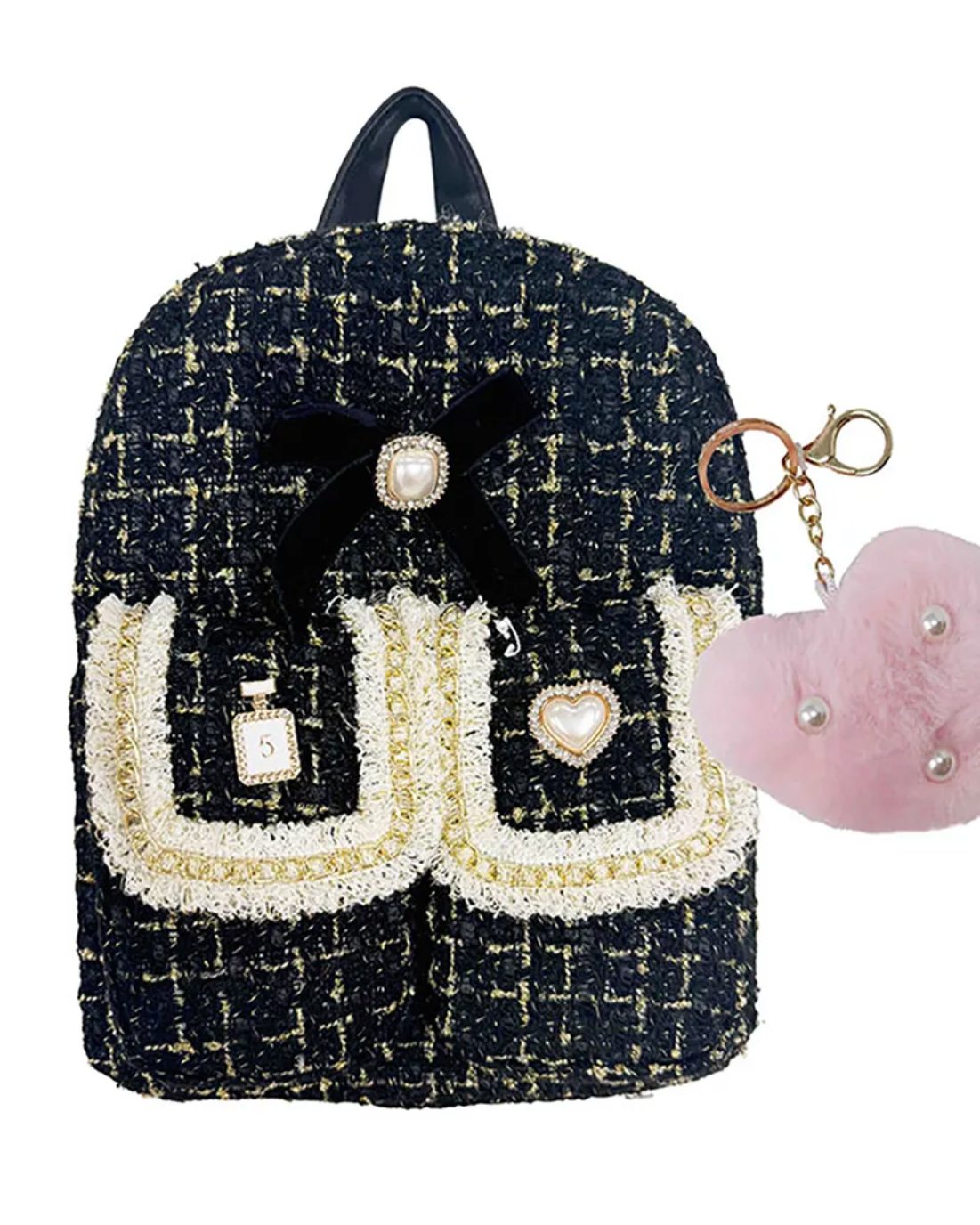 Black textured backpack with white accents and a pink heart-shaped keychain on a white background