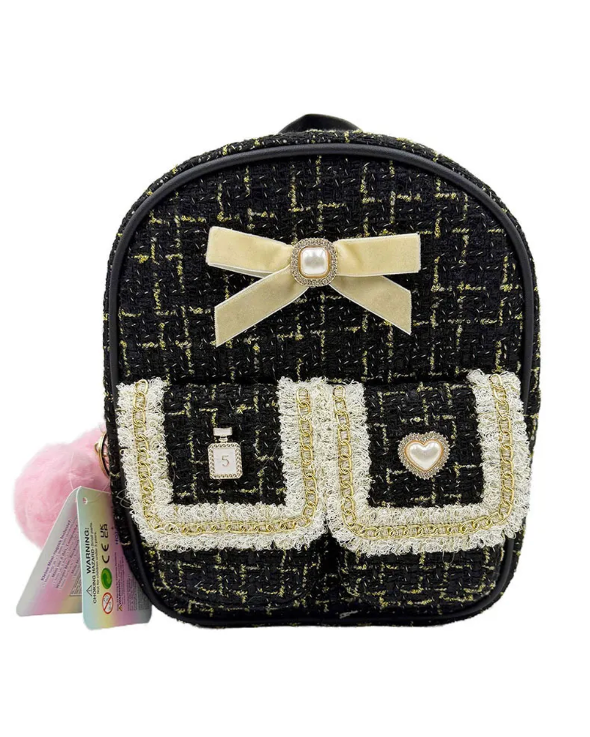 Small backpack with decorative bow and textured pattern on a white background