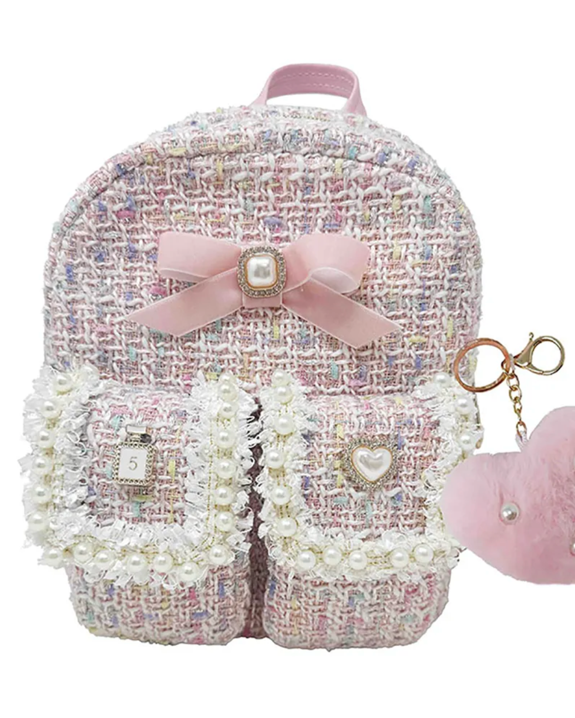 Backpack with decorative elements on a white background