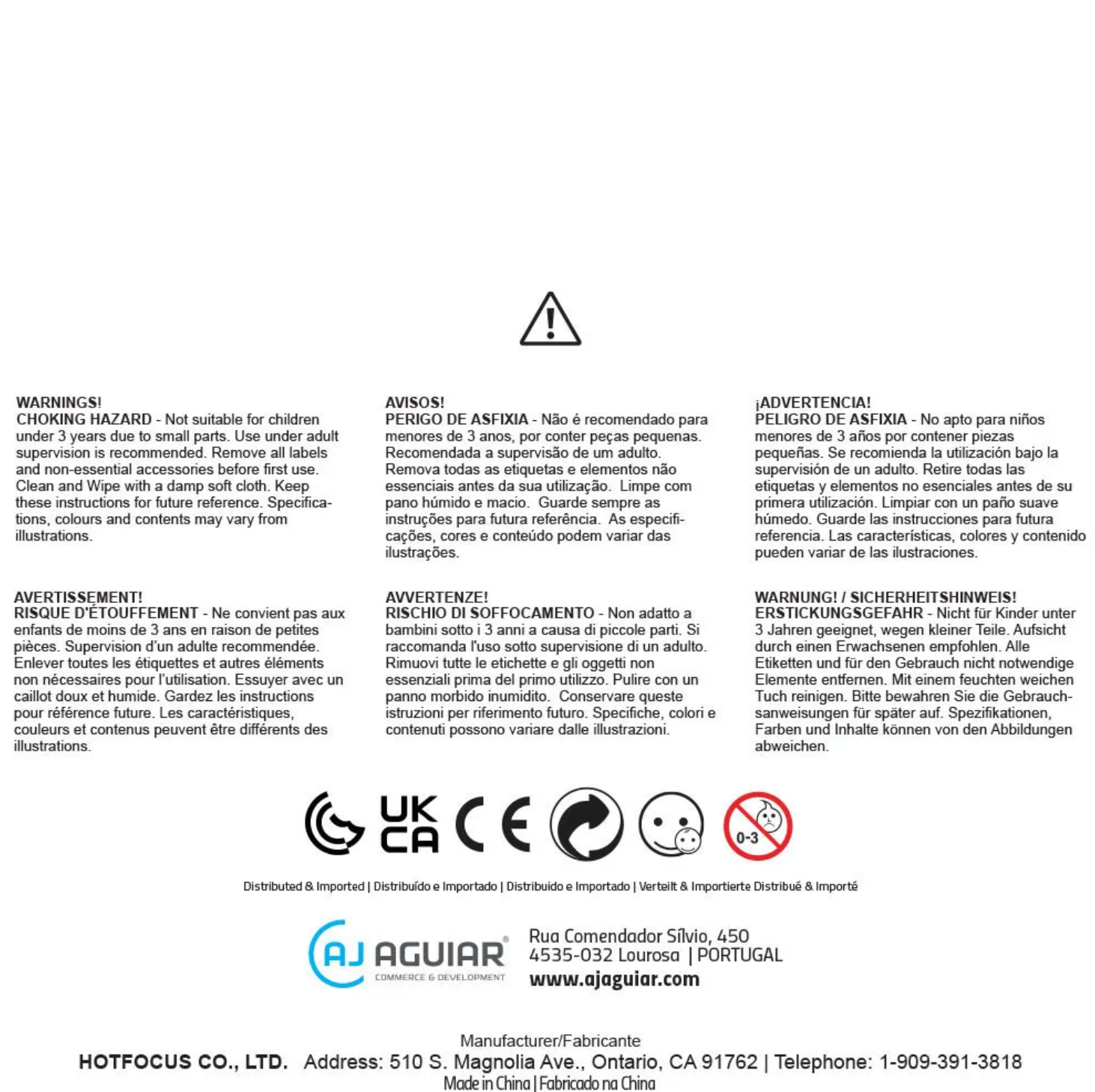 Product label with multiple languages, symbols, and contact information on a white background