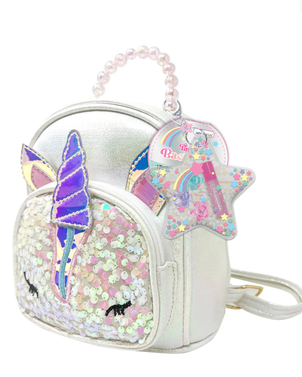 Unicorn-themed handbag with sequins and rainbow design on a white background