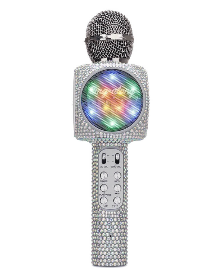 Decorative microphone with colorful LED display on a white background