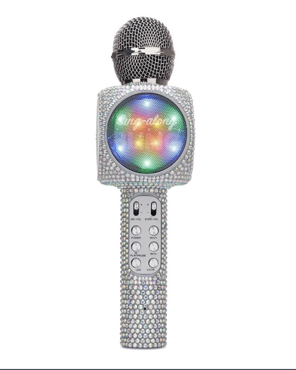 Decorative microphone with LED display on a white background