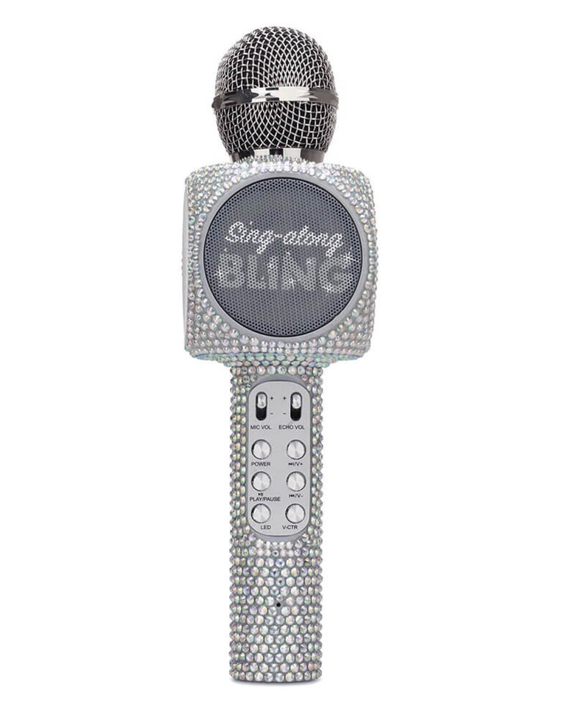 Decorative microphone with 'Sing-along BLING' text on a white background