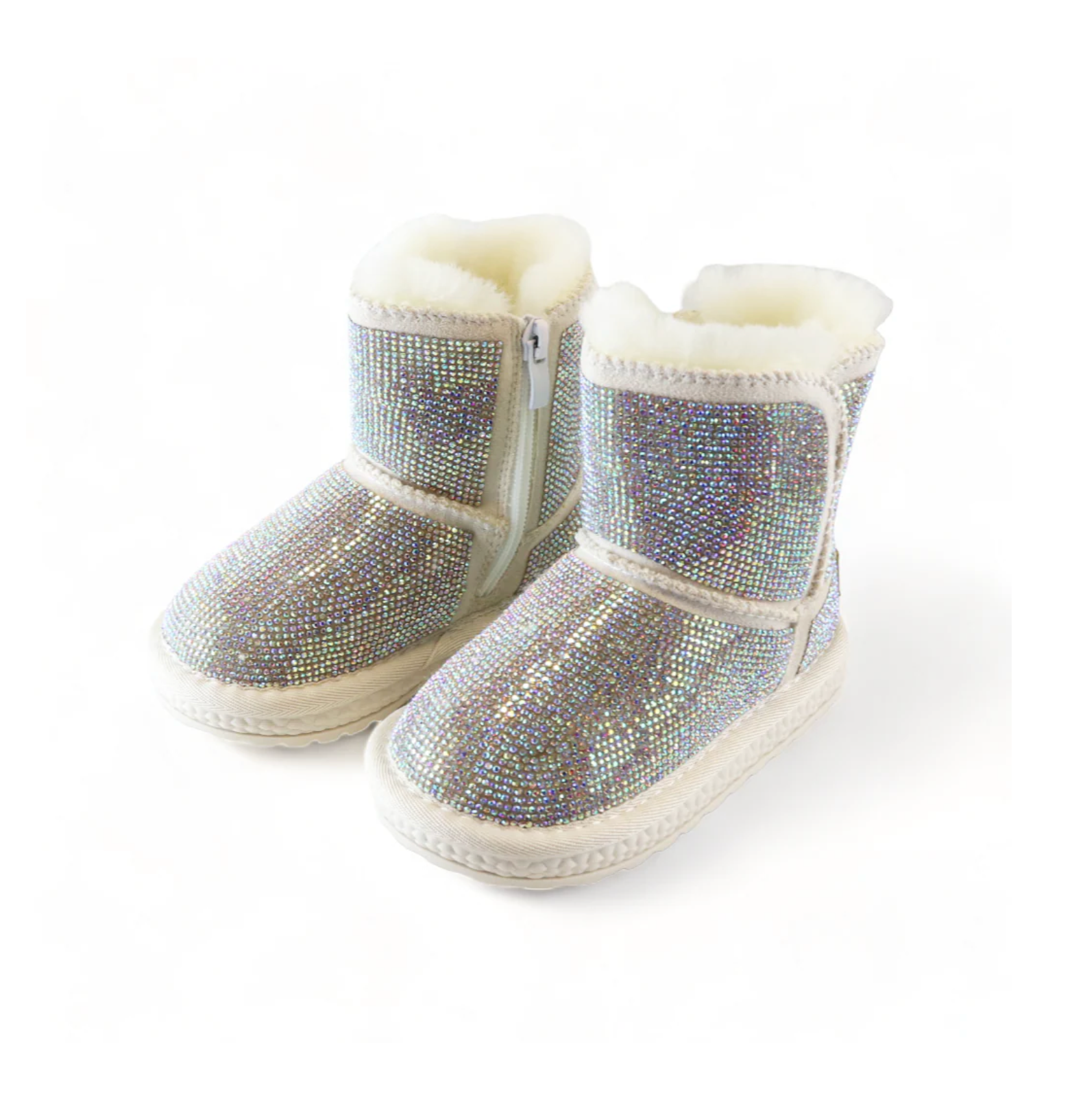 Pair of glittery boots with white fur lining on a white background