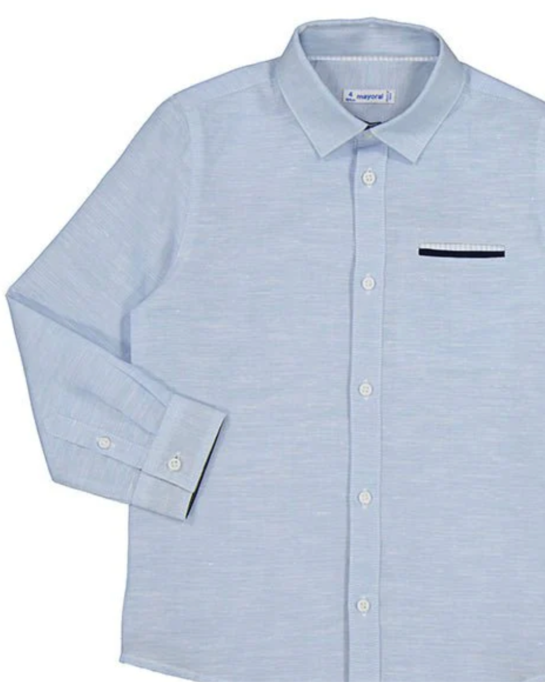 Light blue striped shirt with a black pocket detail on a white background