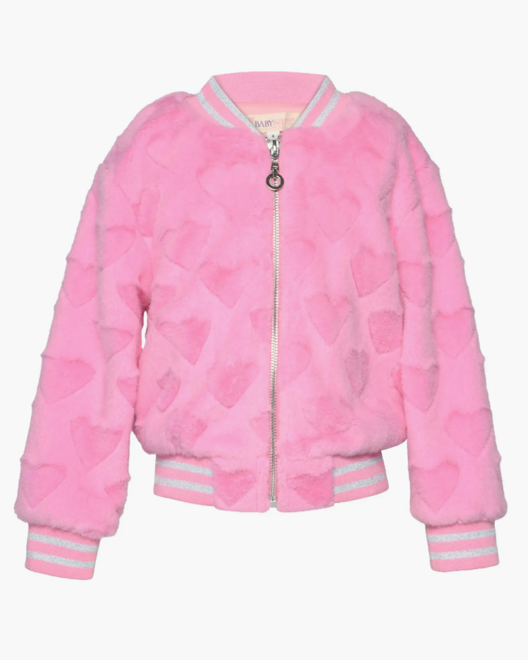 Pink quilted jacket with white trim on a white background