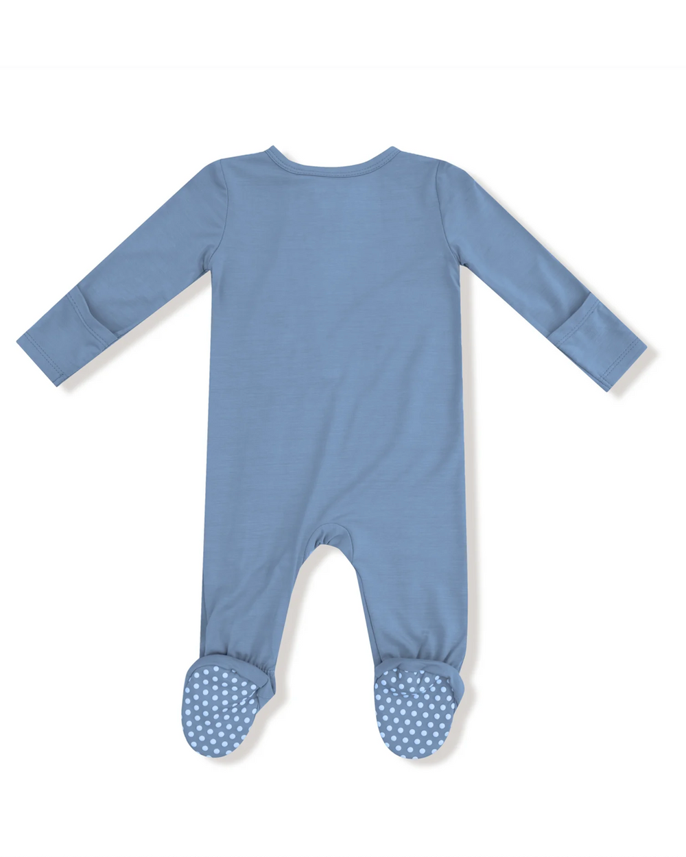 Blue baby onesie with footies on a white background