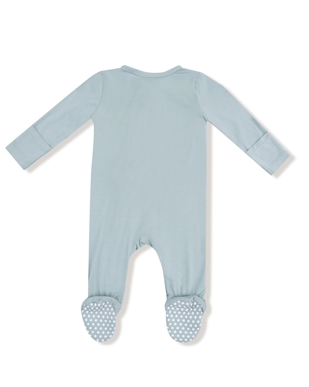 Light blue baby onesie with footies on a white background