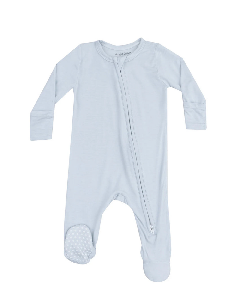Light blue baby onesie with a zipper on a white background