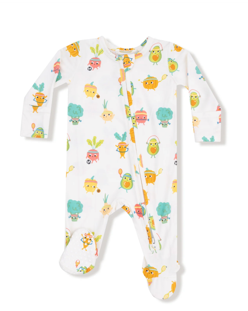 Baby onesie with colorful animal pattern on a white background