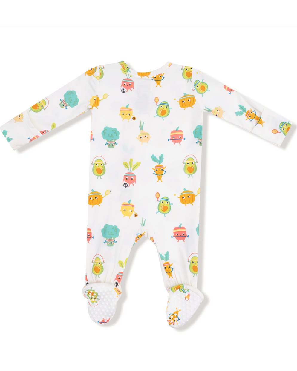 Baby onesie with colorful animal pattern on a white background