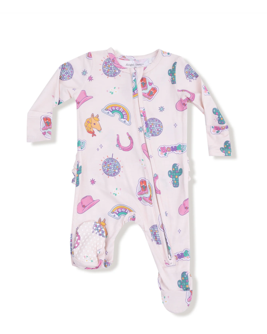 Baby onesie with colorful patterns on a white background