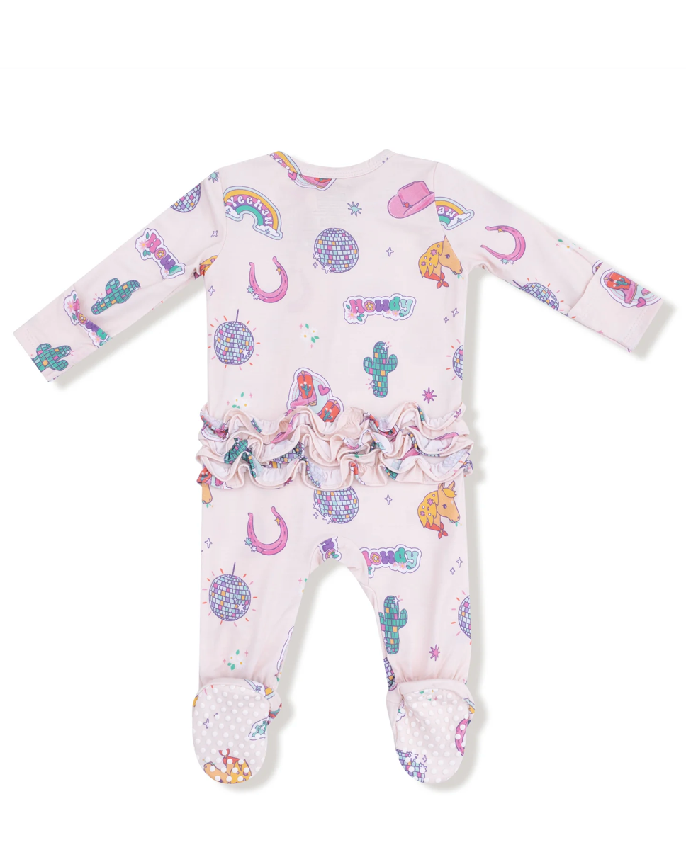 Baby onesie with colorful patterns on a white background