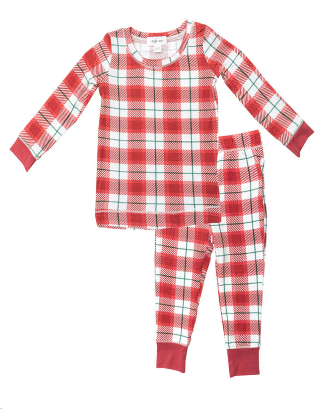Red and white plaid pajama set on a white background