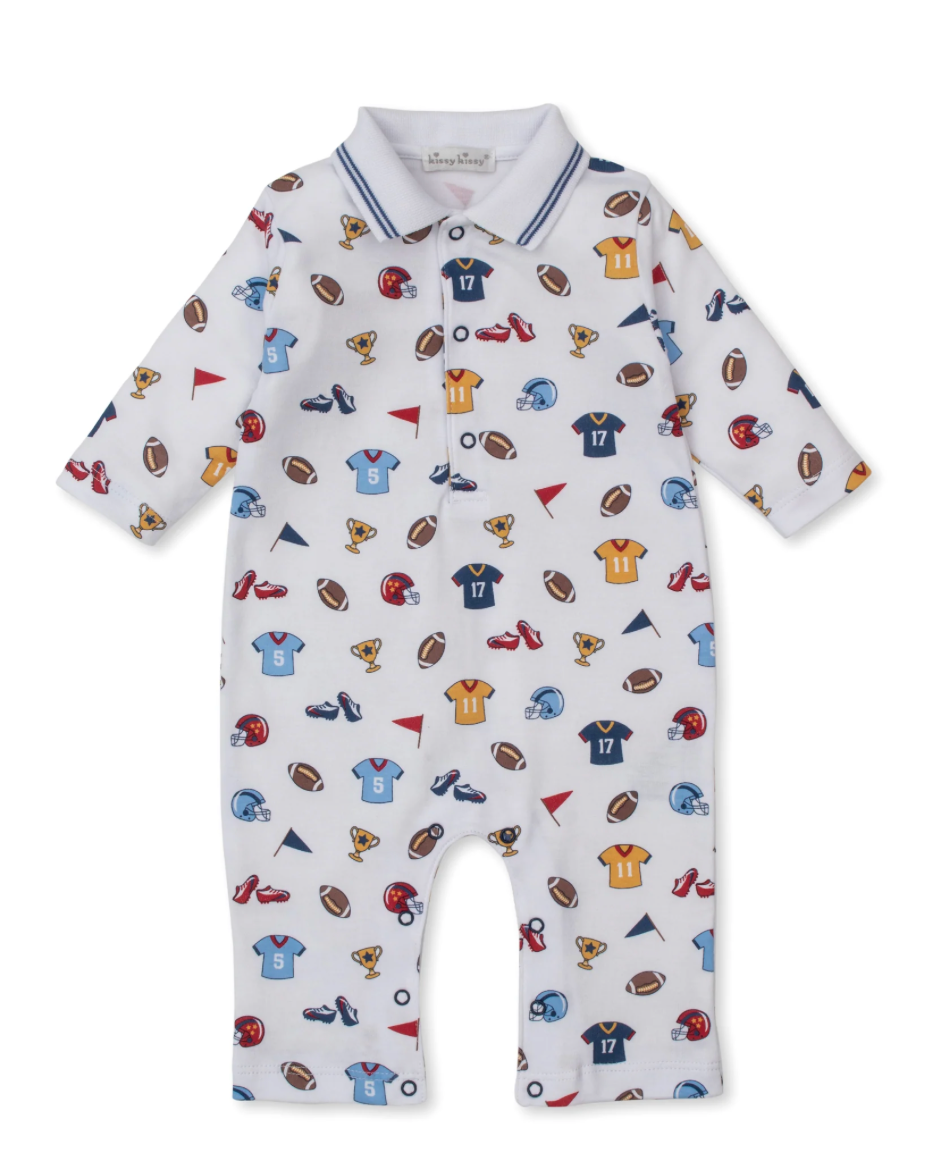 Baby romper with sports-themed pattern on a white background