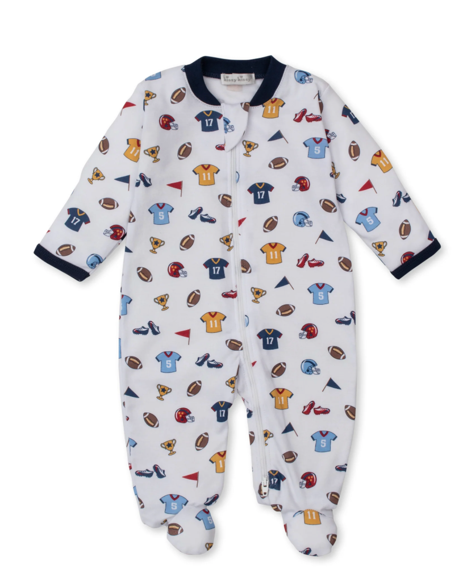 Baby onesie with sports-themed print on a white background