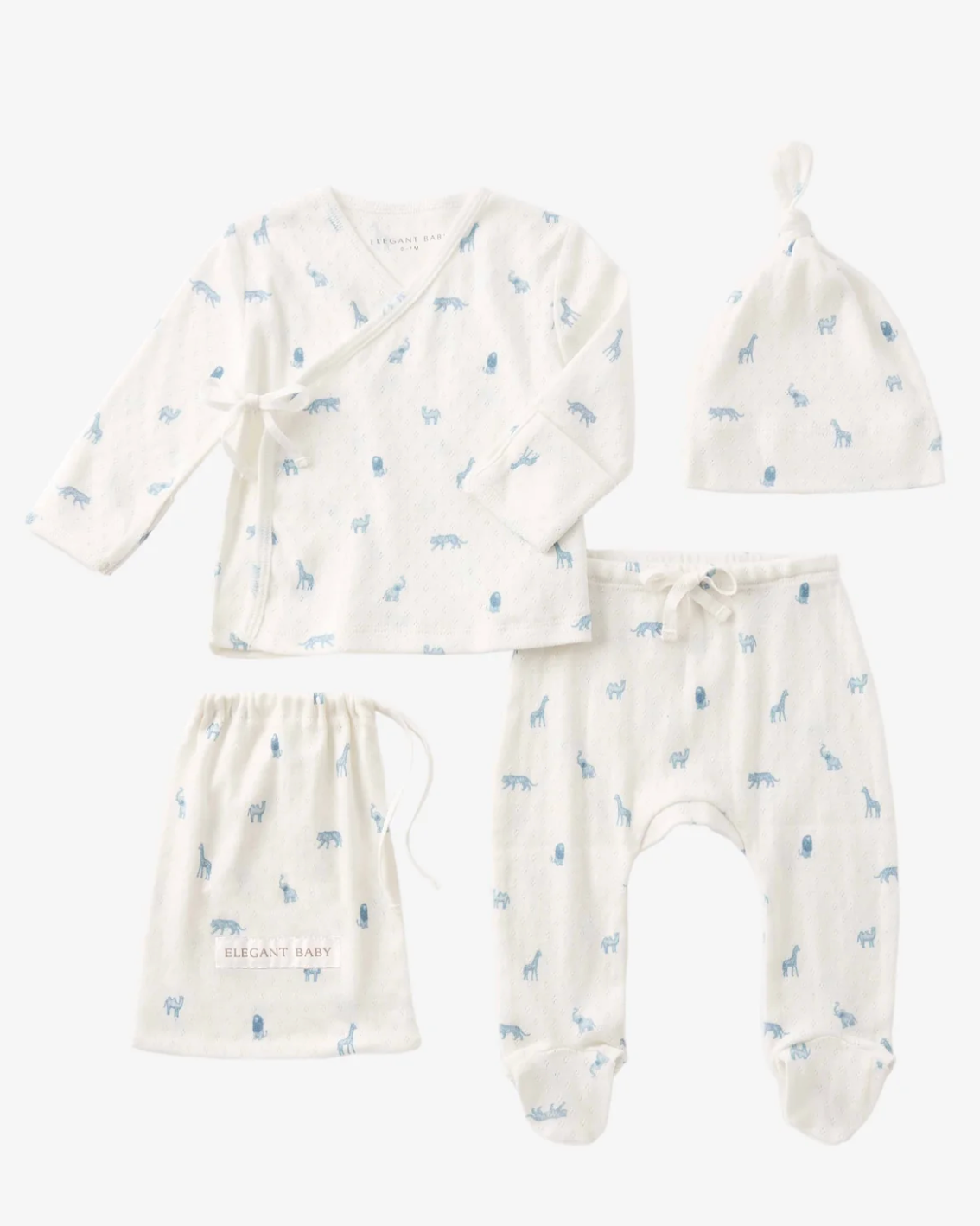 Baby outfit set with long-sleeve top, pants, and hat on a white background