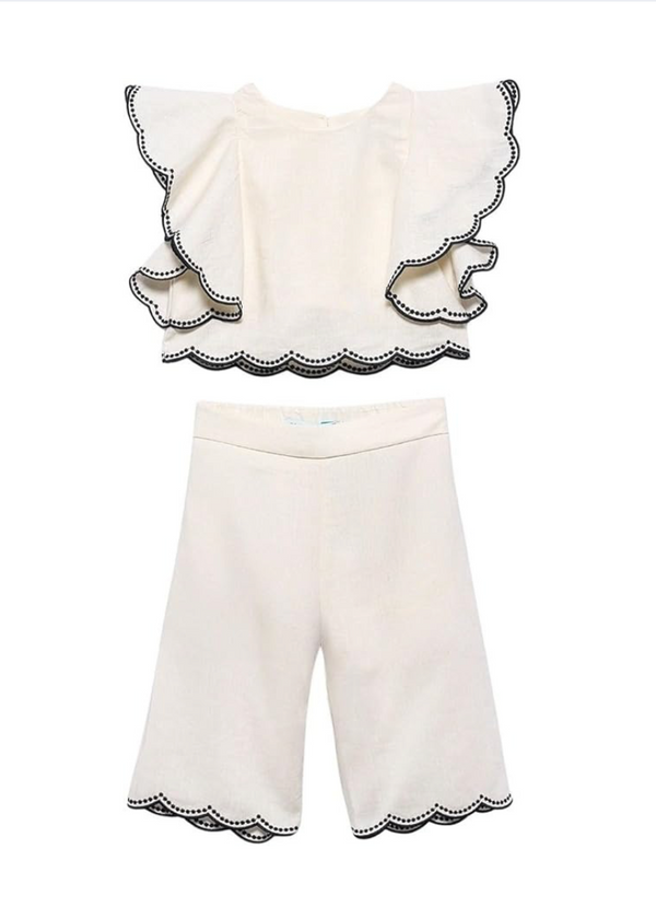 Embroidered Culotte Pants Set for Baby Girls - Cream