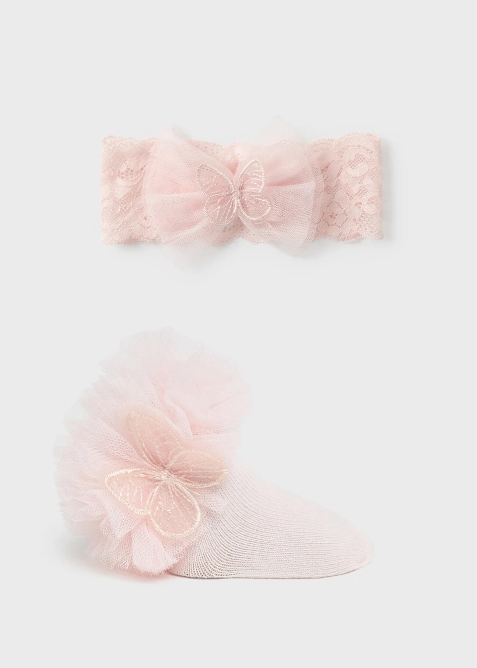 Organic cotton pink bow socks and headband set for baby girl.