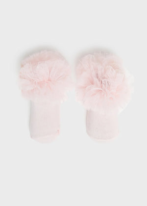 Organic cotton pink bow socks and headband set for baby girl.